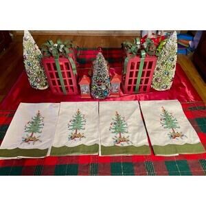 Vintage Christmas Tree Tea Towels Lillian Vernon Hand Cross Stitched Set of 4
